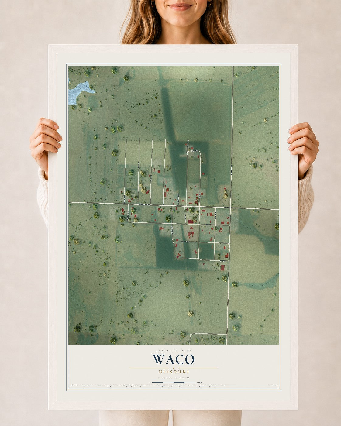 Map of Waco, Missouri, 24 x 36 inch print in a white wood frame