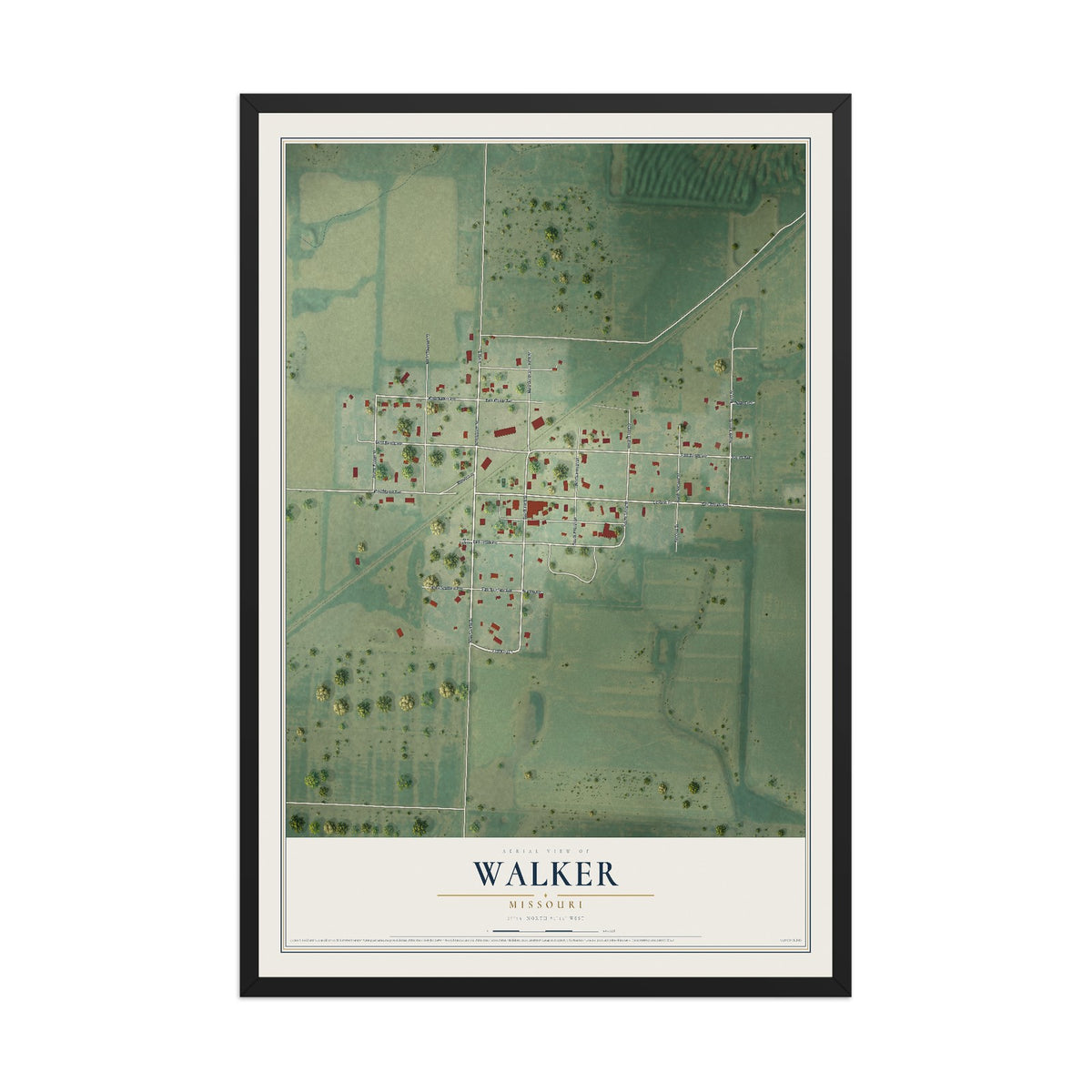 Map of Walker, Missouri, 12 x 18 inch print in a black wood frame