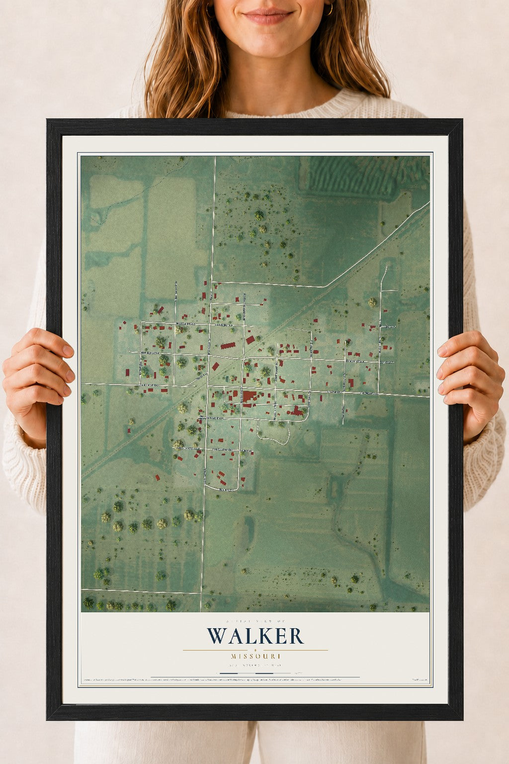 Map of Walker, Missouri, 18 x 24 inch print in a black wood frame