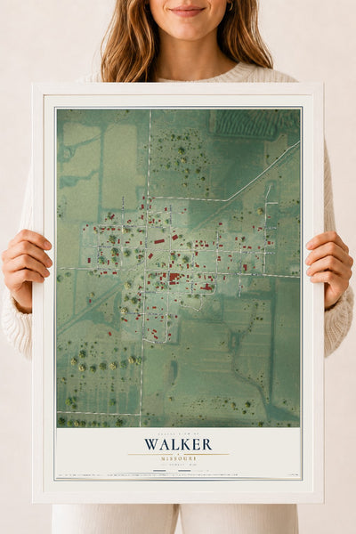 Map of Walker, Missouri, 18 x 24 inch print in a white wood frame