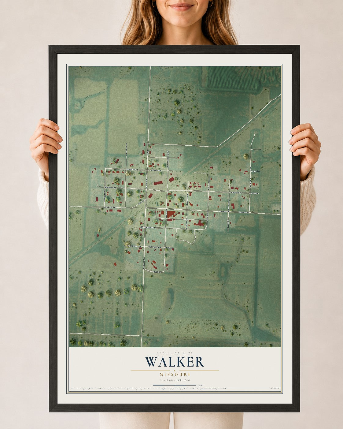 Map of Walker, Missouri, 24 x 36 inch print in a black wood frame