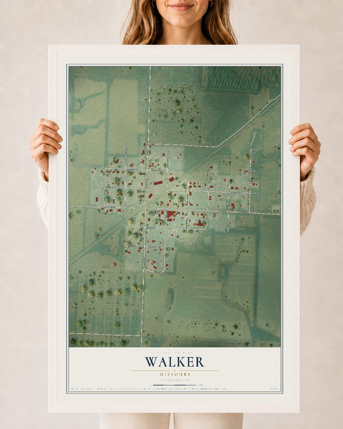 Map of Walker, Missouri, 24 x 36 inch print in a white wood frame