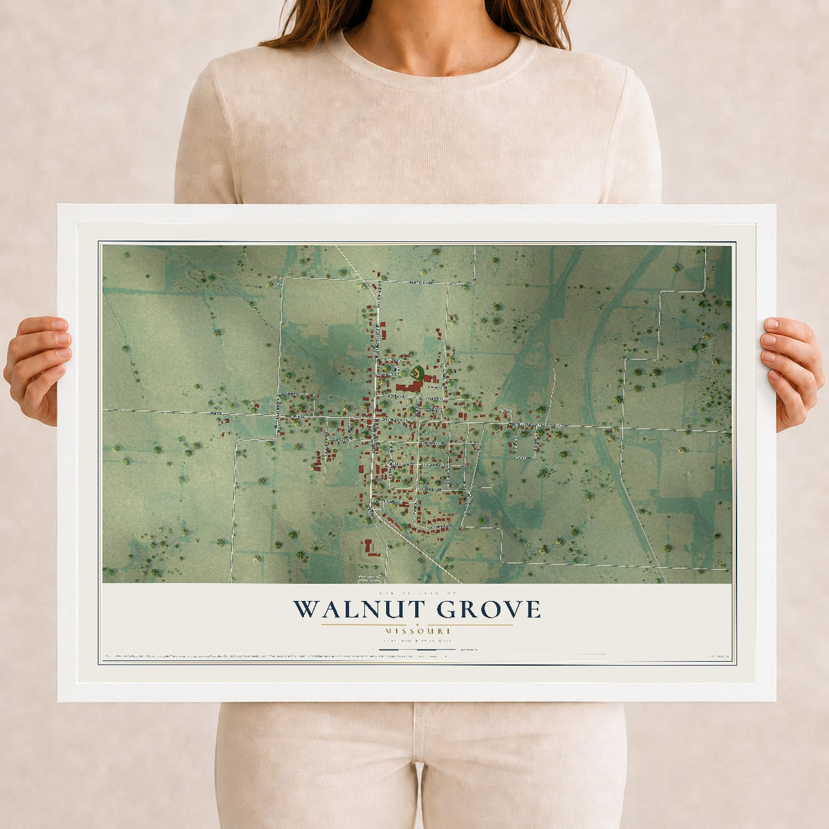 Map of Walnut Grove, Missouri, 12 x 18 inch print in a white wood frame