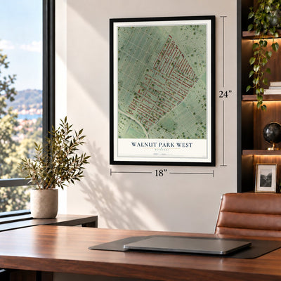 Walnut Park West, Missouri map, 18 x 24 inch print in a black frame in a home office
