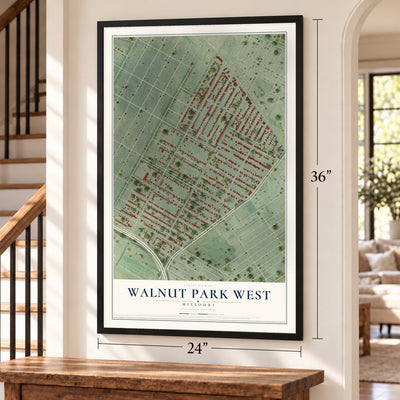 Walnut Park West, Missouri map, 24 x 36 inch print in a black frame by a staircase