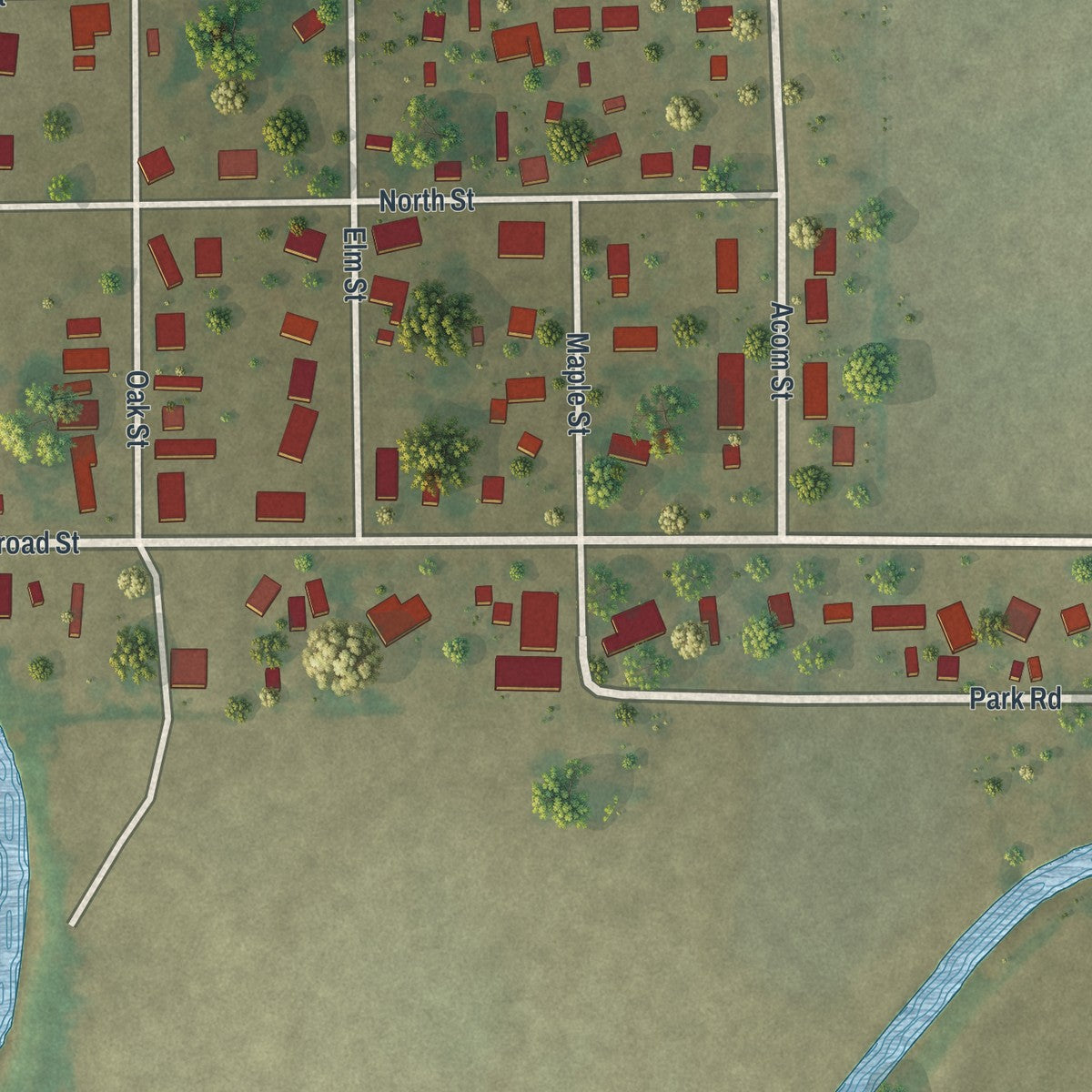 Close-up of the map of Wardell, Missouri print showing street and building detail