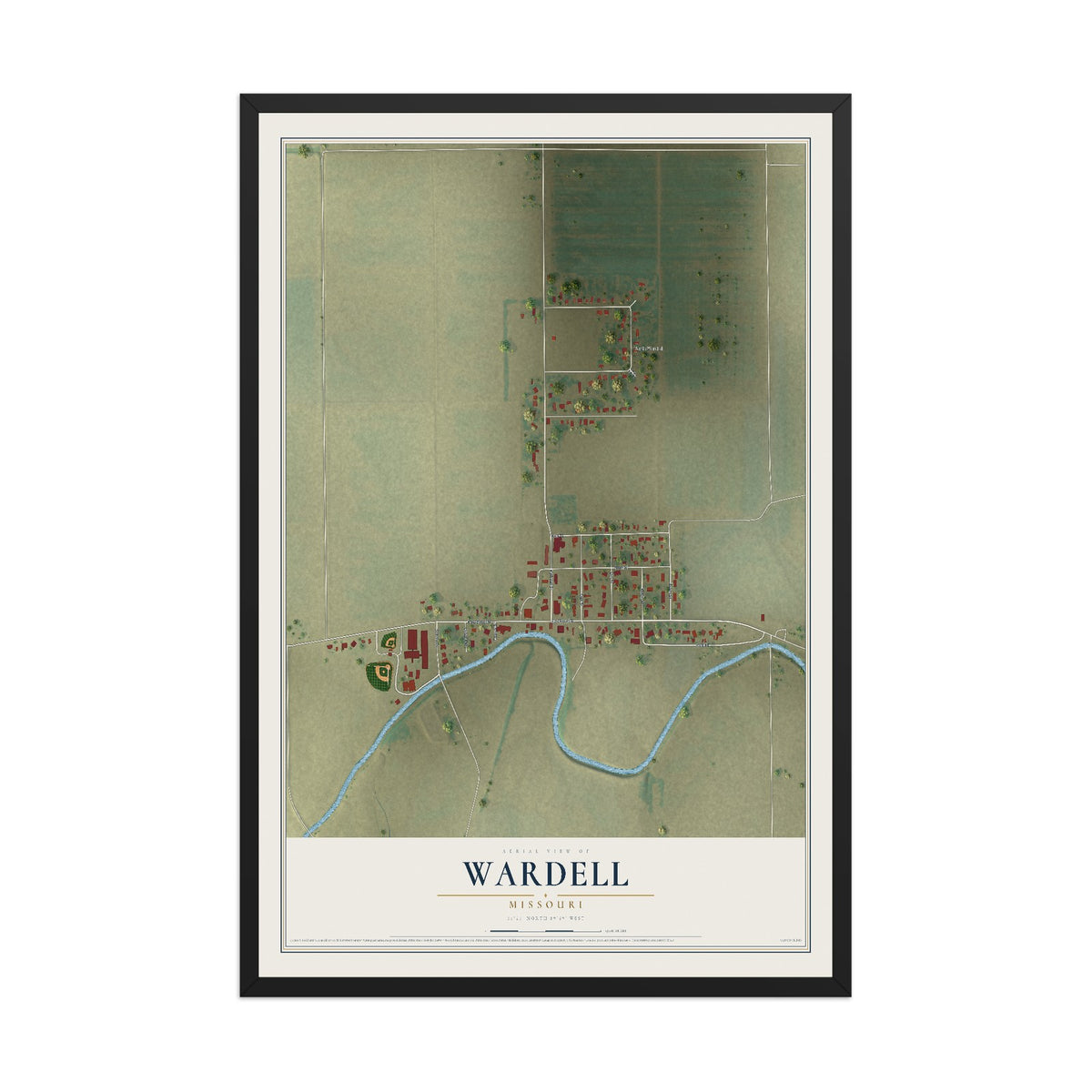 Map of Wardell, Missouri, 12 x 18 inch print in a black wood frame