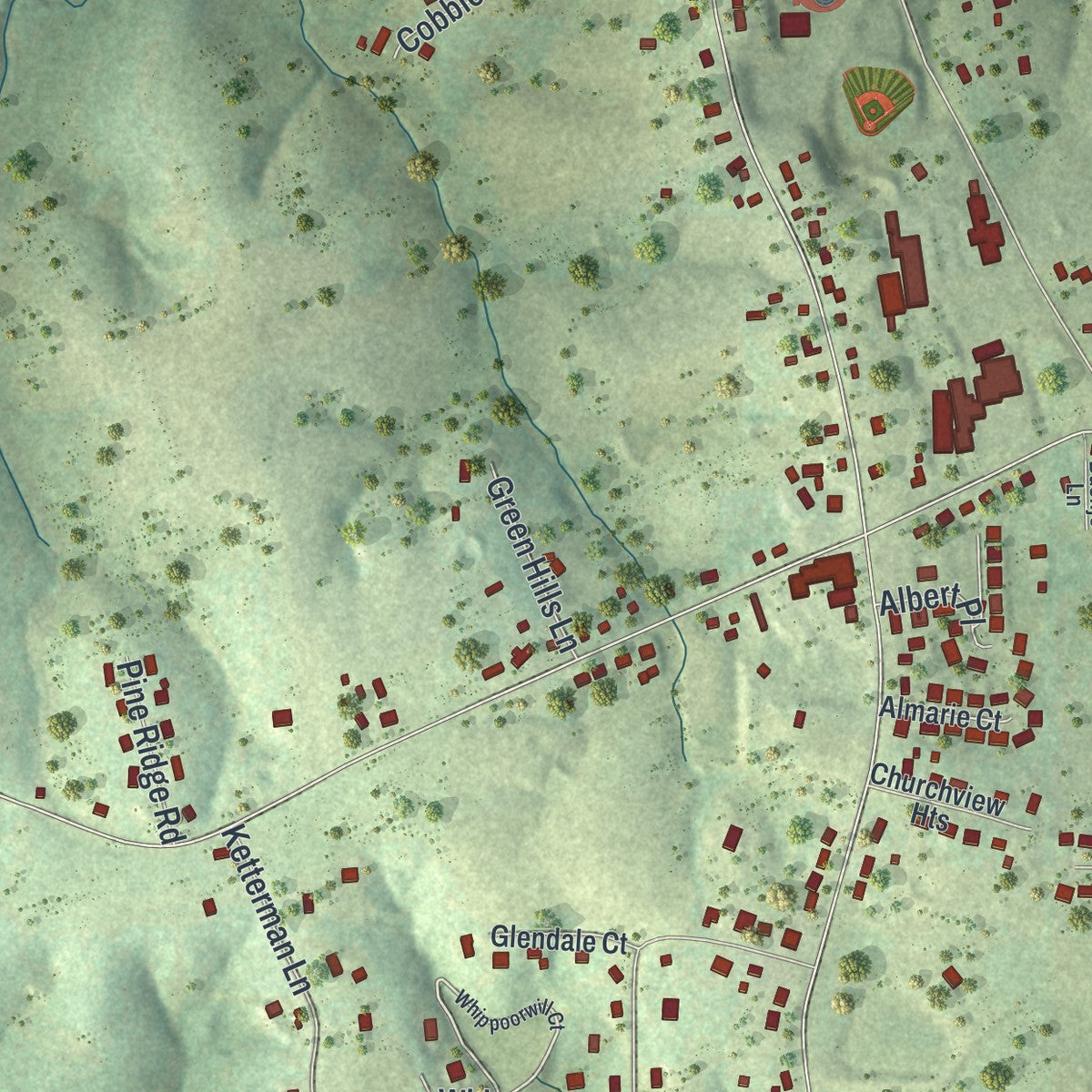 Close-up of the map of Wardsville, Missouri print showing street and building detail
