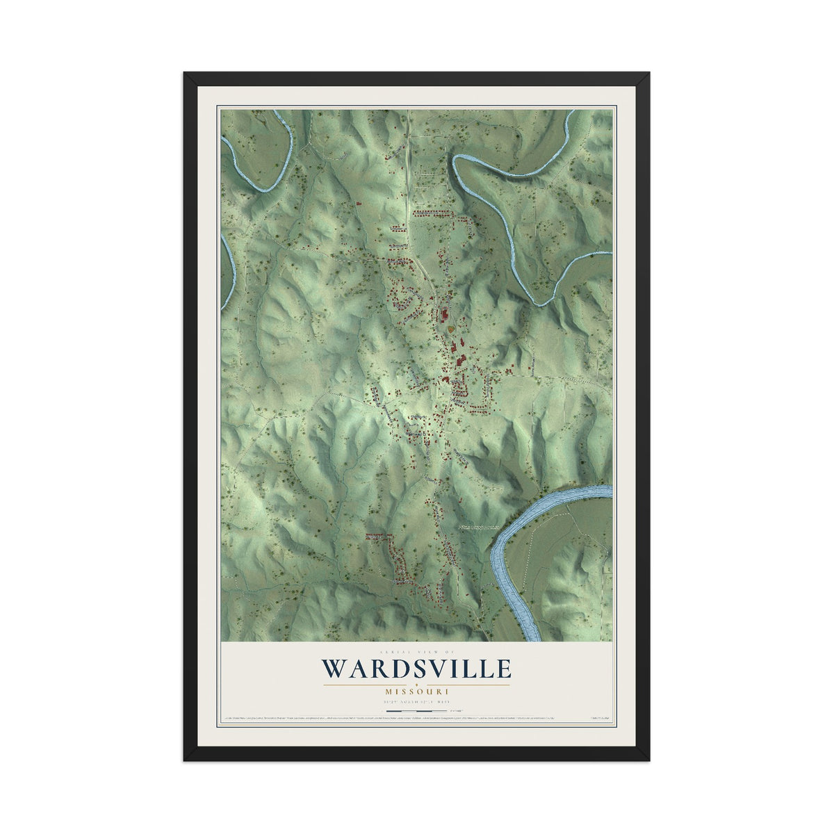 Map of Wardsville, Missouri, 12 x 18 inch print in a black wood frame