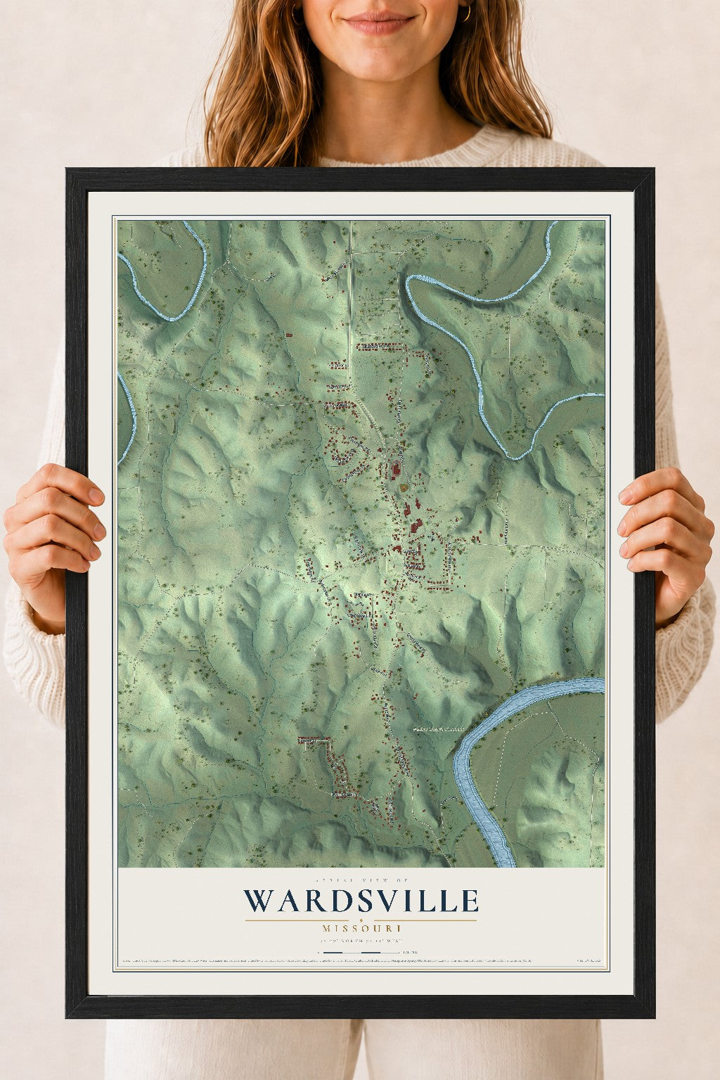 Map of Wardsville, Missouri, 18 x 24 inch print in a black wood frame