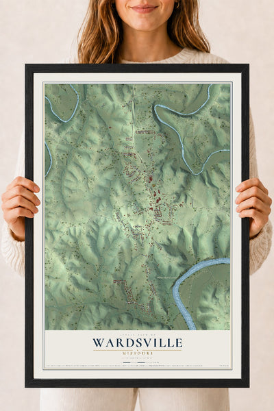Map of Wardsville, Missouri, 18 x 24 inch print in a black wood frame