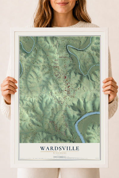 Map of Wardsville, Missouri, 18 x 24 inch print in a white wood frame