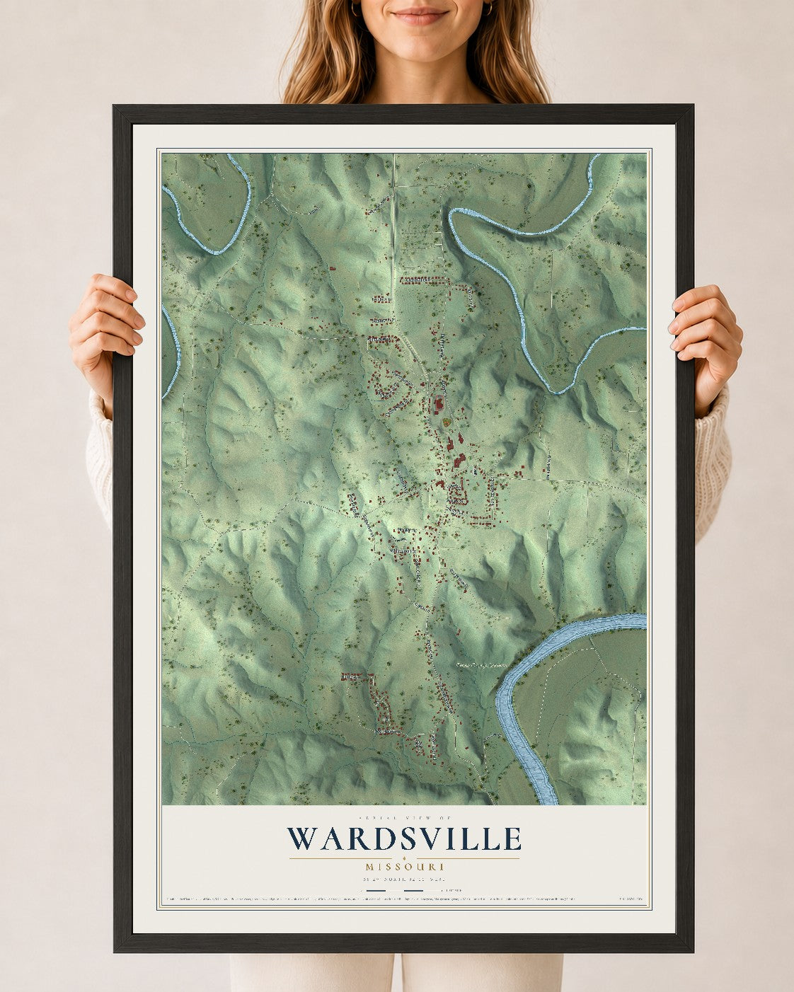 Map of Wardsville, Missouri, 24 x 36 inch print in a black wood frame