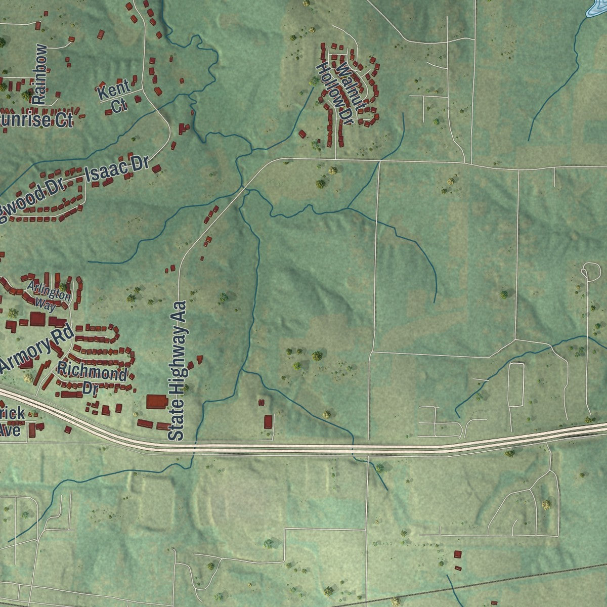 Second close-up of the map of Warrenton, Missouri print showing more streets and buildings