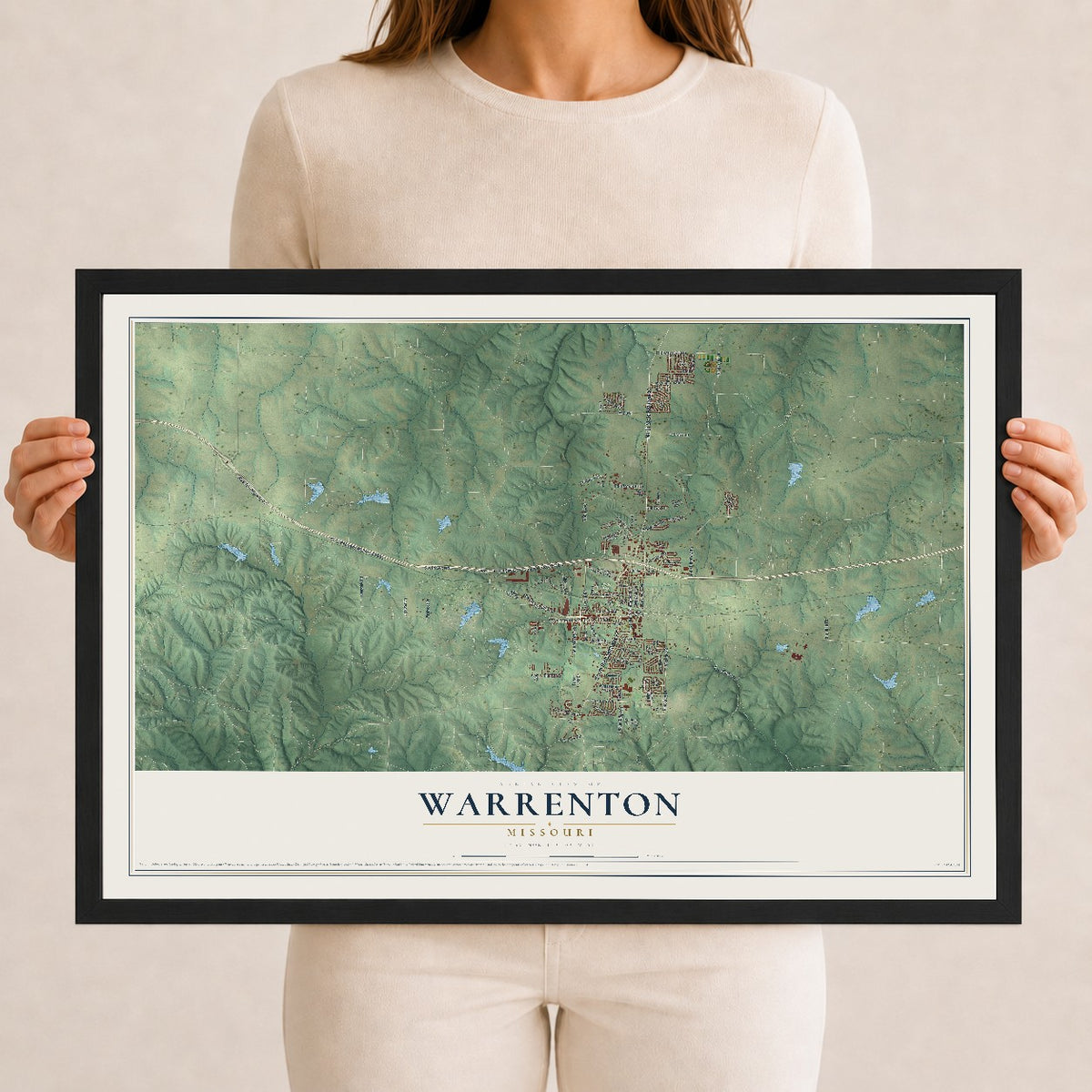 Map of Warrenton, Missouri, 12 x 18 inch print in a black wood frame