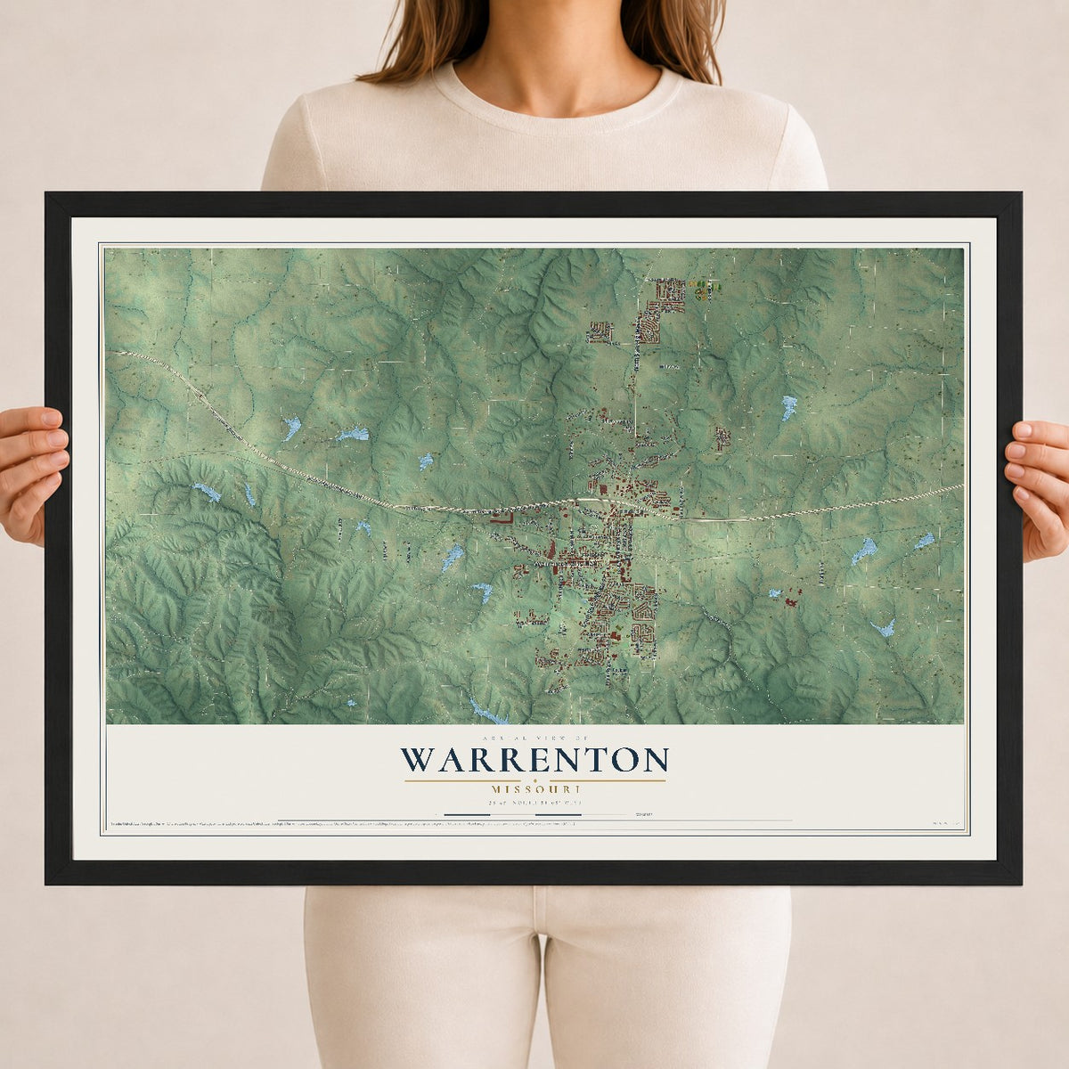 Map of Warrenton, Missouri, 18 x 24 inch print in a black wood frame