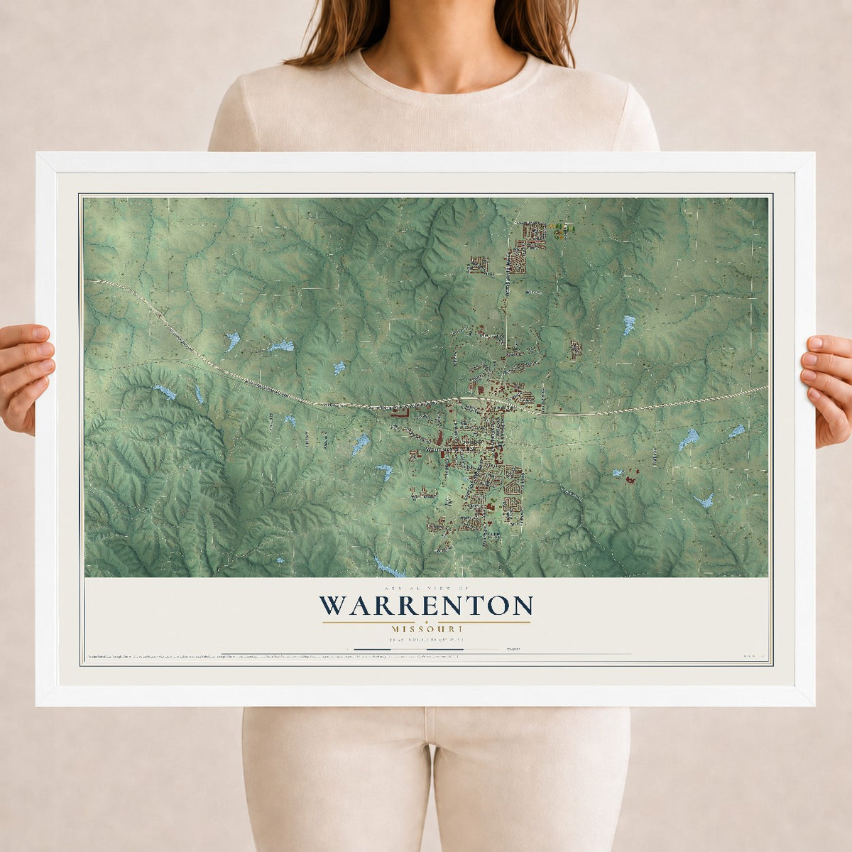 Map of Warrenton, Missouri, 18 x 24 inch print in a white wood frame