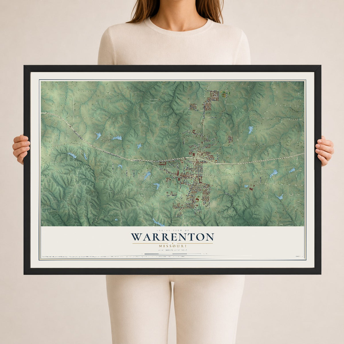 Map of Warrenton, Missouri, 24 x 36 inch print in a black wood frame