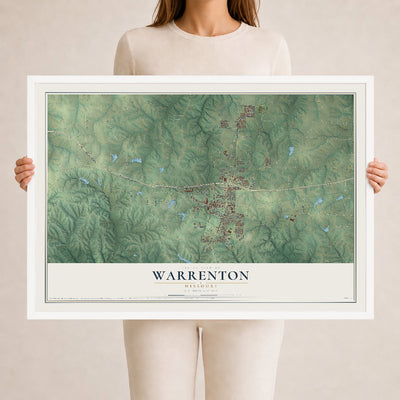 Map of Warrenton, Missouri, 24 x 36 inch print in a white wood frame