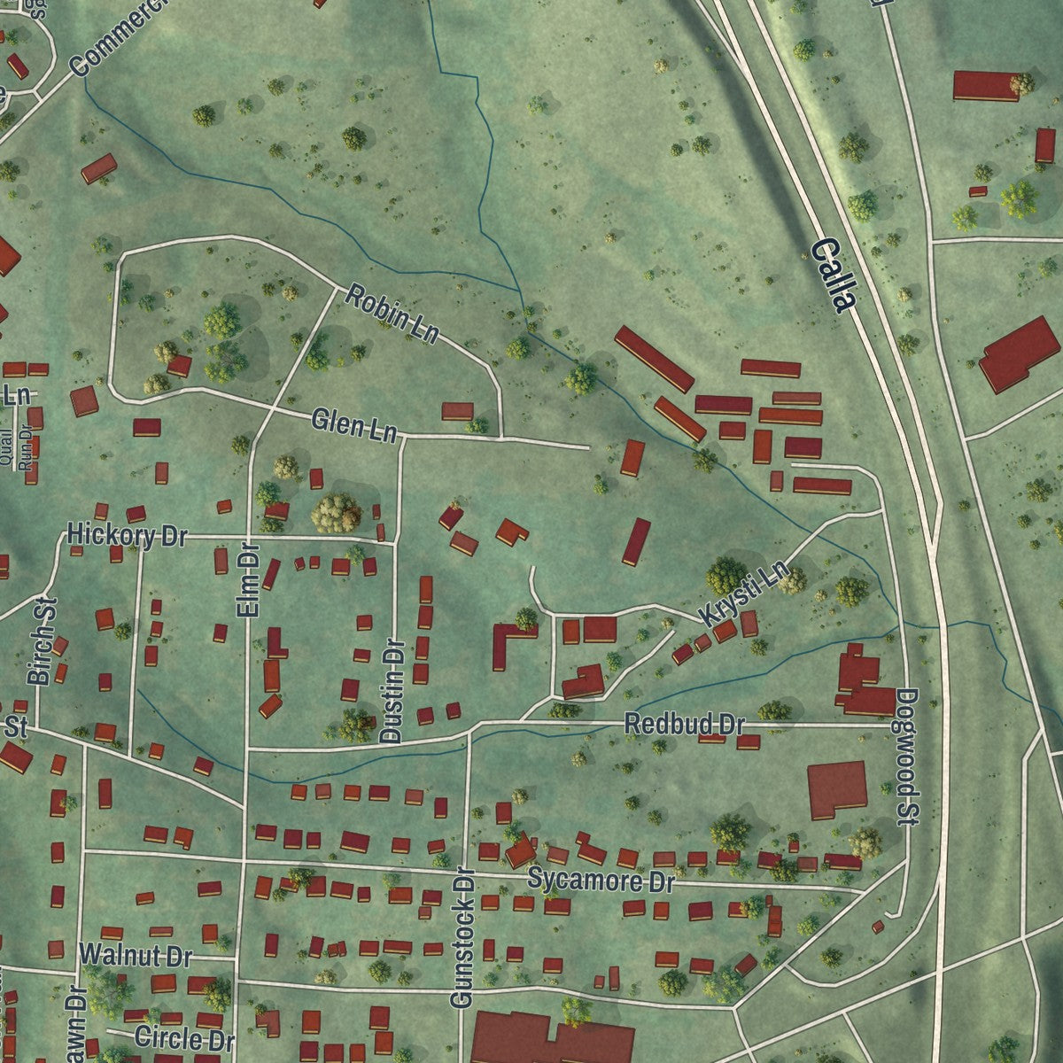 Second close-up of the map of Warsaw, Missouri print showing more streets and buildings