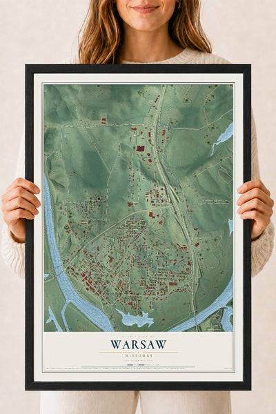 Map of Warsaw, Missouri, 18 x 24 inch print in a black wood frame