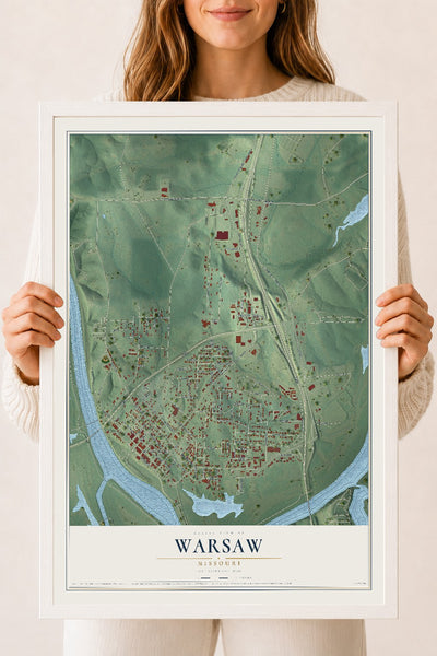 Map of Warsaw, Missouri, 18 x 24 inch print in a white wood frame