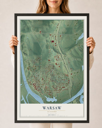 Map of Warsaw, Missouri, 24 x 36 inch print in a black wood frame
