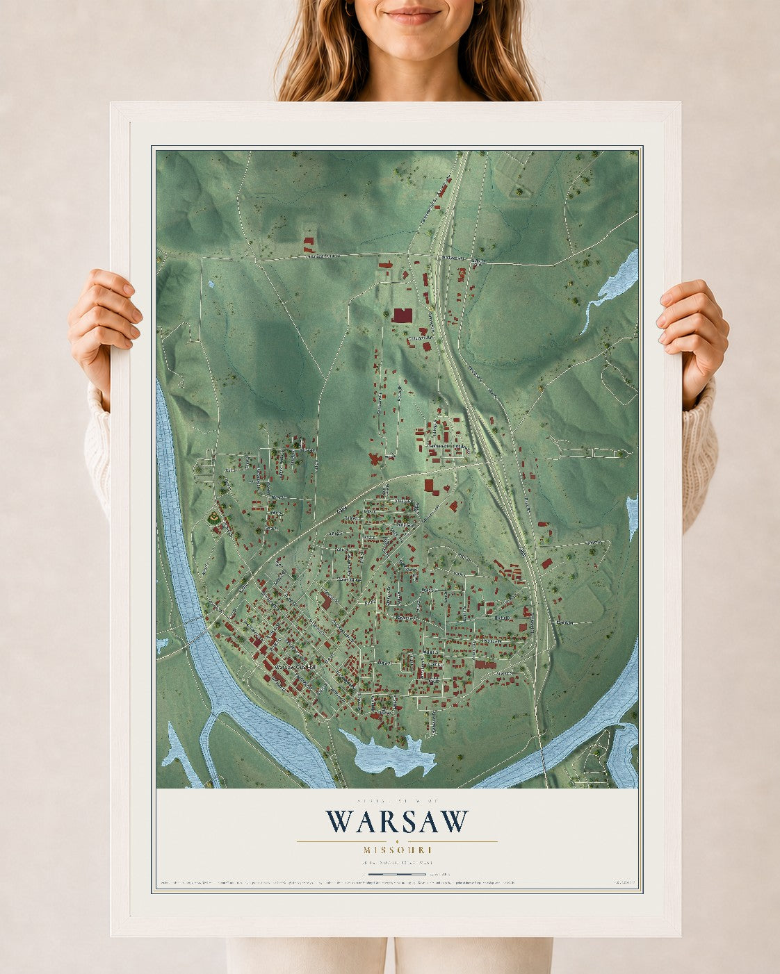 Map of Warsaw, Missouri, 24 x 36 inch print in a white wood frame