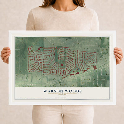 Map of Warson Woods, Missouri, 12 x 18 inch print in a white wood frame