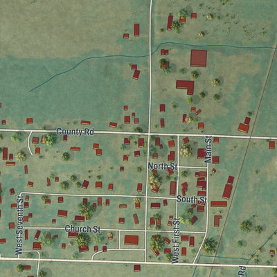 Close-up of the map of Washburn, Missouri print showing street and building detail
