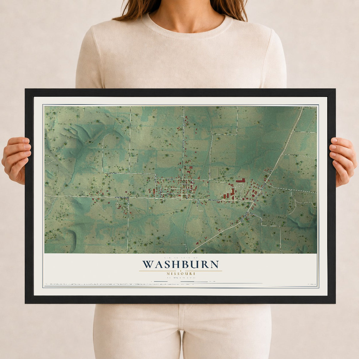 Map of Washburn, Missouri, 12 x 18 inch print in a black wood frame