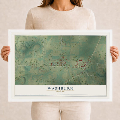 Map of Washburn, Missouri, 12 x 18 inch print in a white wood frame