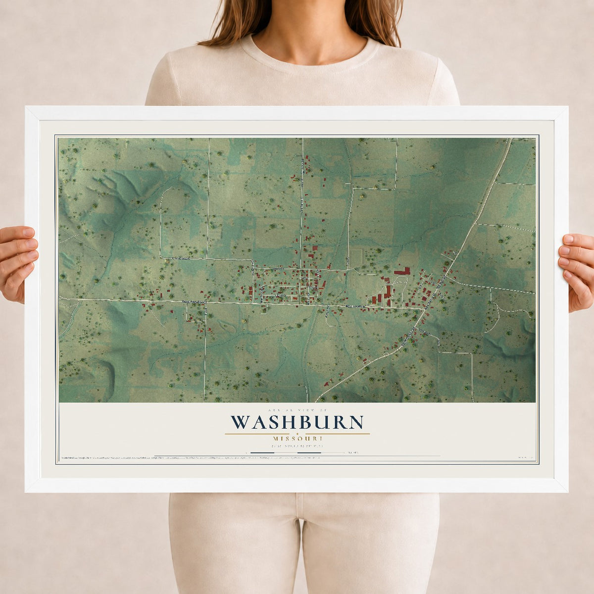 Map of Washburn, Missouri, 18 x 24 inch print in a white wood frame