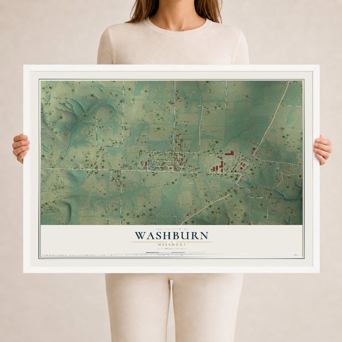 Map of Washburn, Missouri, 24 x 36 inch print in a white wood frame