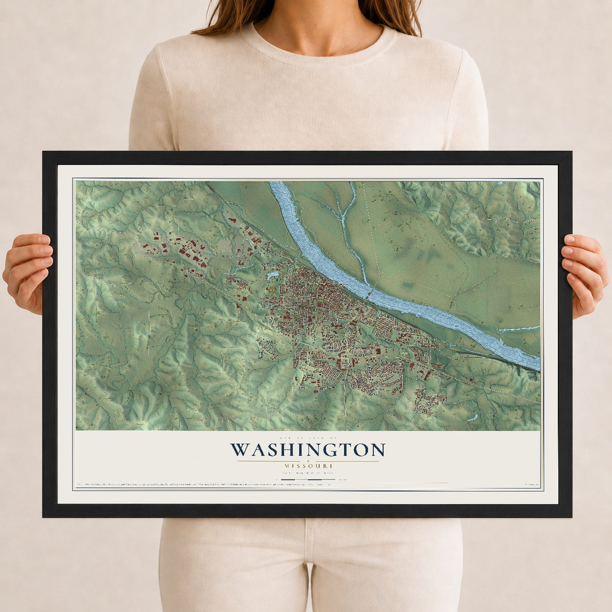 Map of Washington, Missouri, 12 x 18 inch print in a black wood frame
