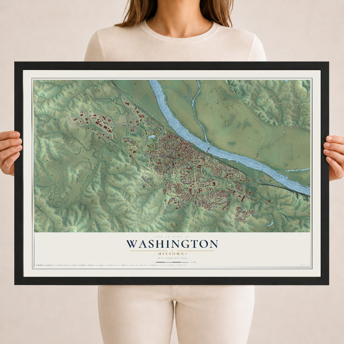 Map of Washington, Missouri, 18 x 24 inch print in a black wood frame
