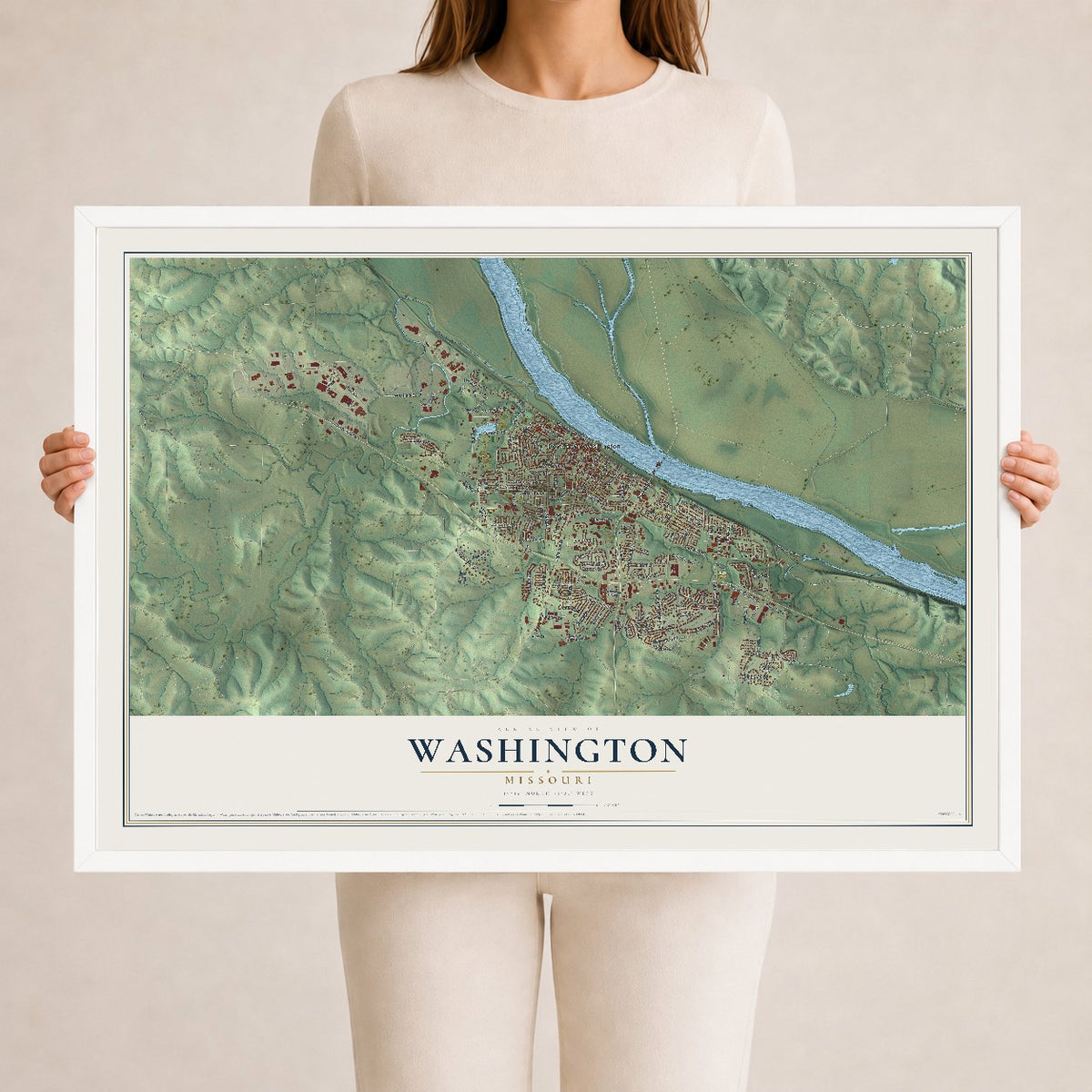 Map of Washington, Missouri, 24 x 36 inch print in a white wood frame