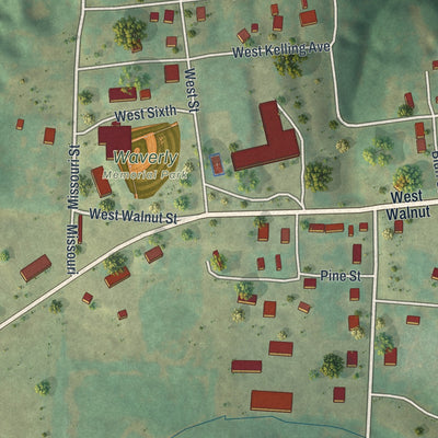 Second close-up of the map of Waverly, Missouri print showing more streets and buildings
