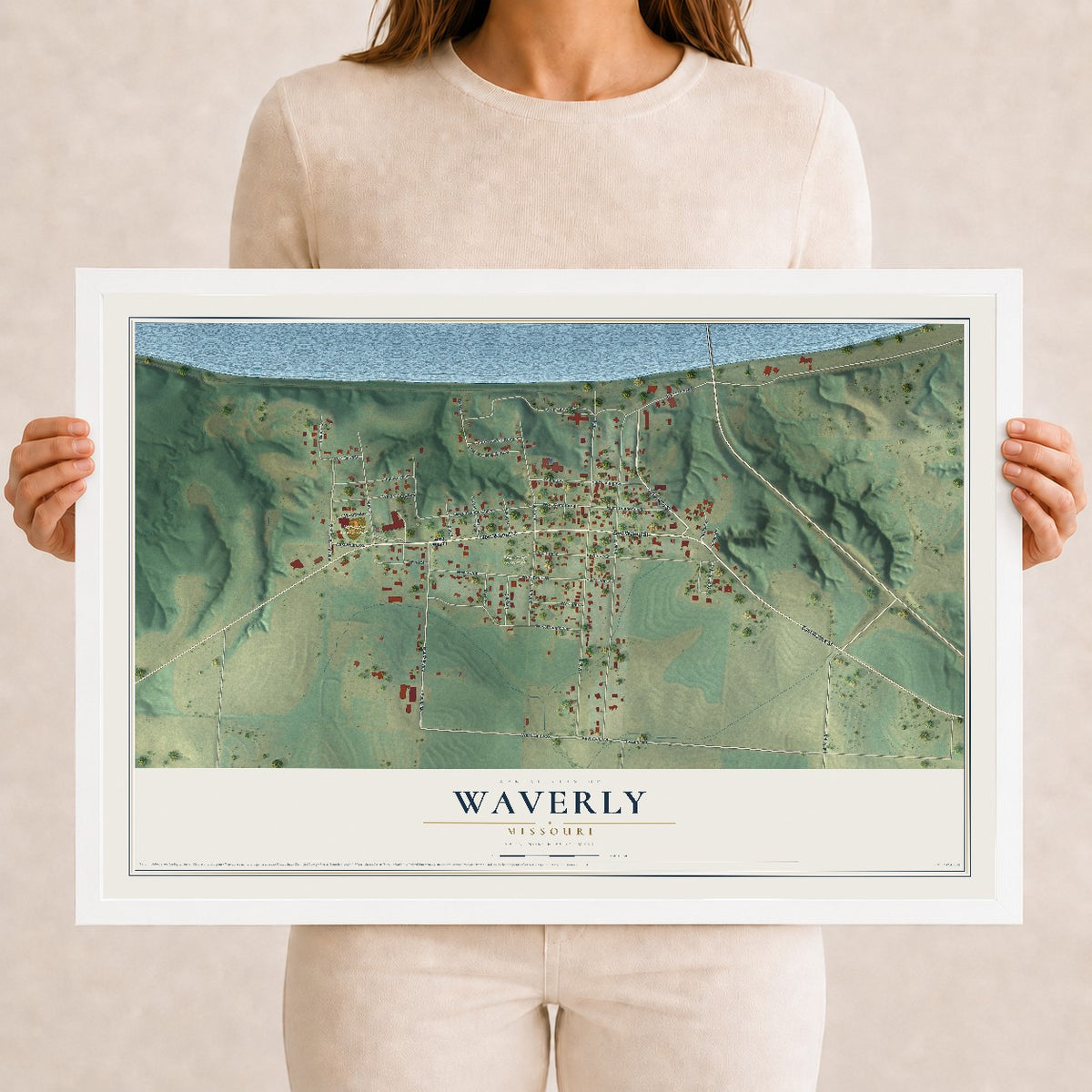 Map of Waverly, Missouri, 12 x 18 inch print in a white wood frame