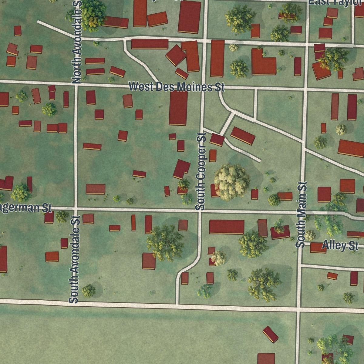 Close-up of the map of Wayland, Missouri print showing street and building detail