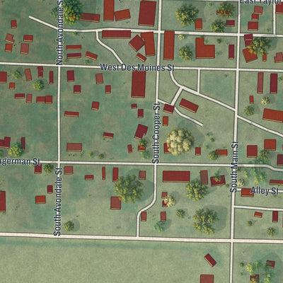 Close-up of the map of Wayland, Missouri print showing street and building detail