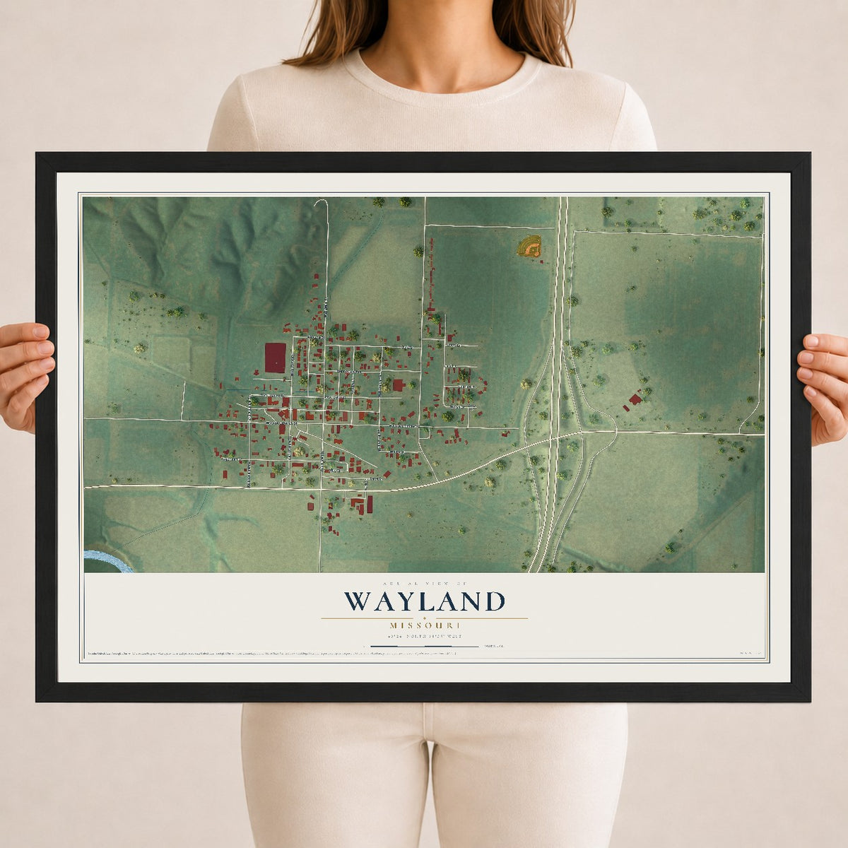 Map of Wayland, Missouri, 18 x 24 inch print in a black wood frame