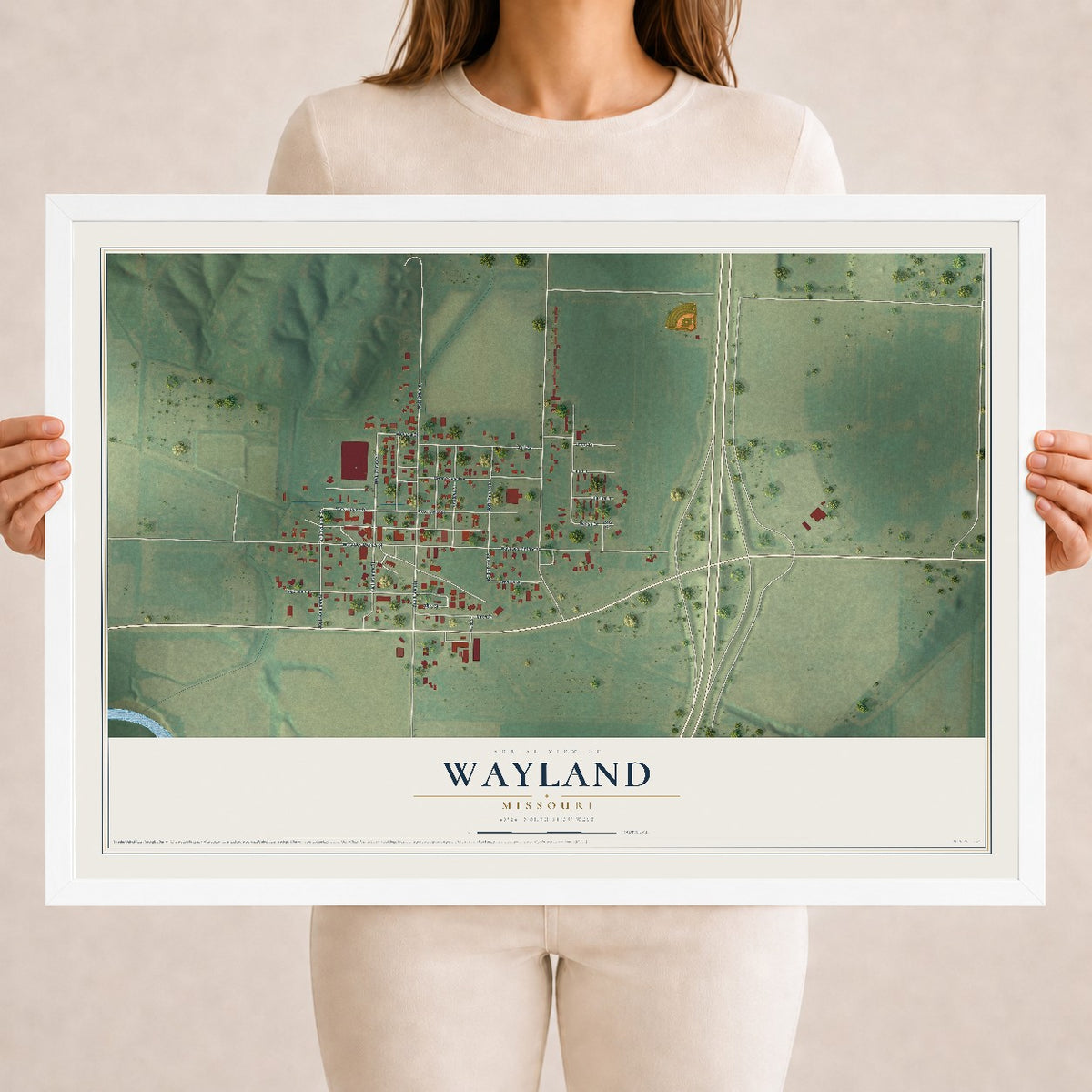 Map of Wayland, Missouri, 18 x 24 inch print in a white wood frame