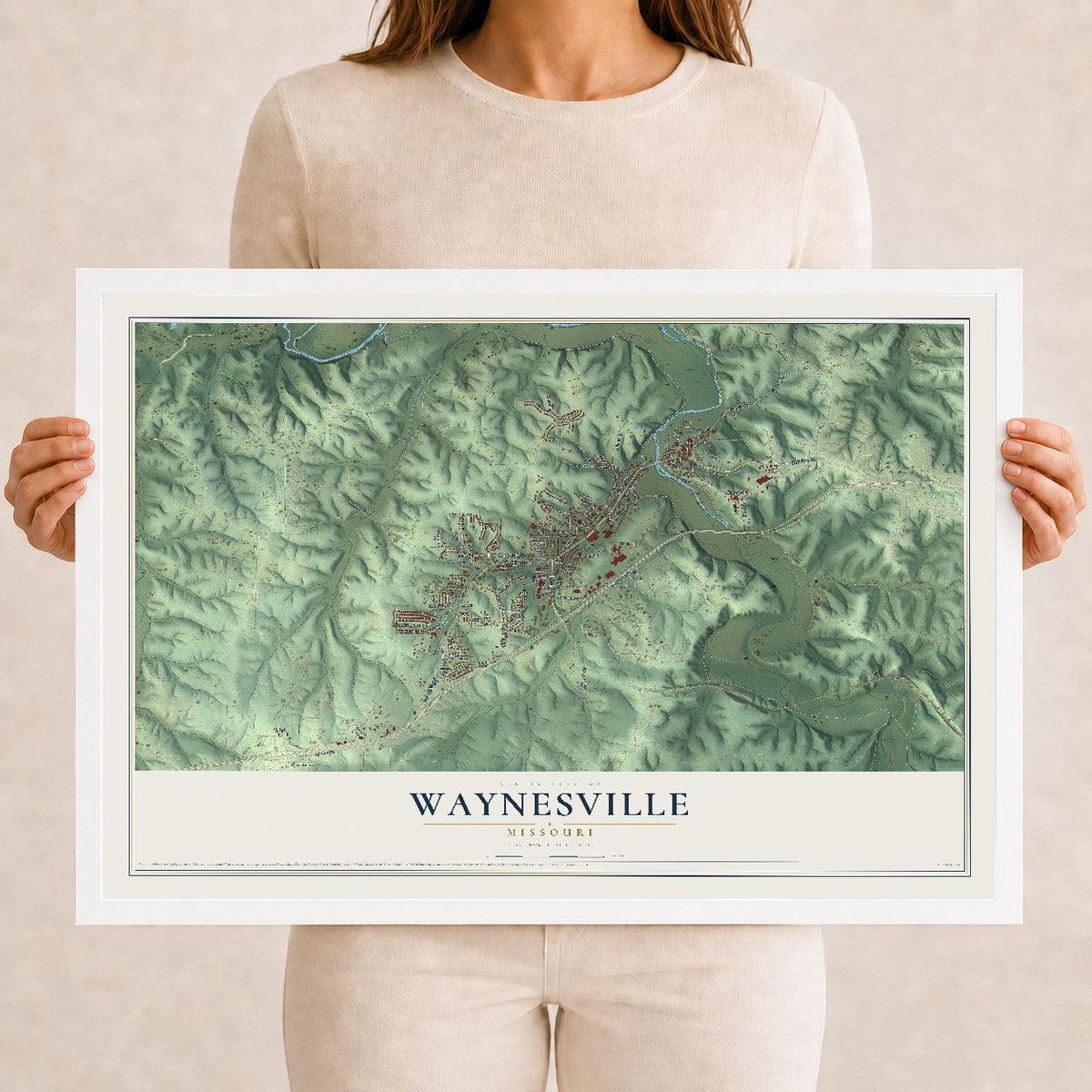 Map of Waynesville, Missouri, 12 x 18 inch print in a white wood frame