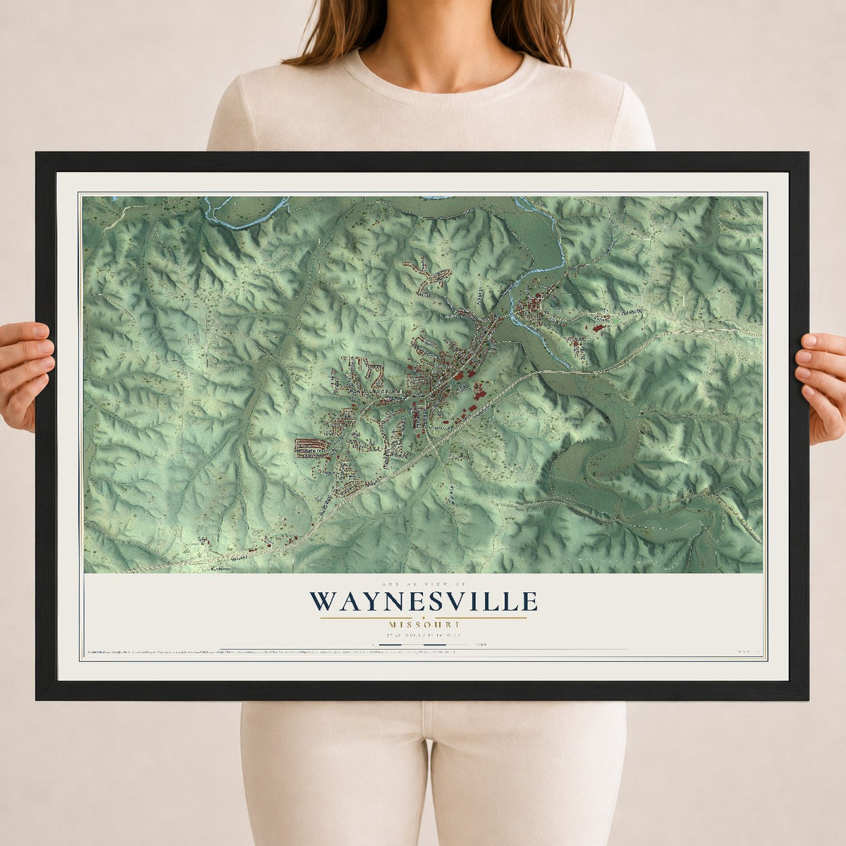 Map of Waynesville, Missouri, 18 x 24 inch print in a black wood frame