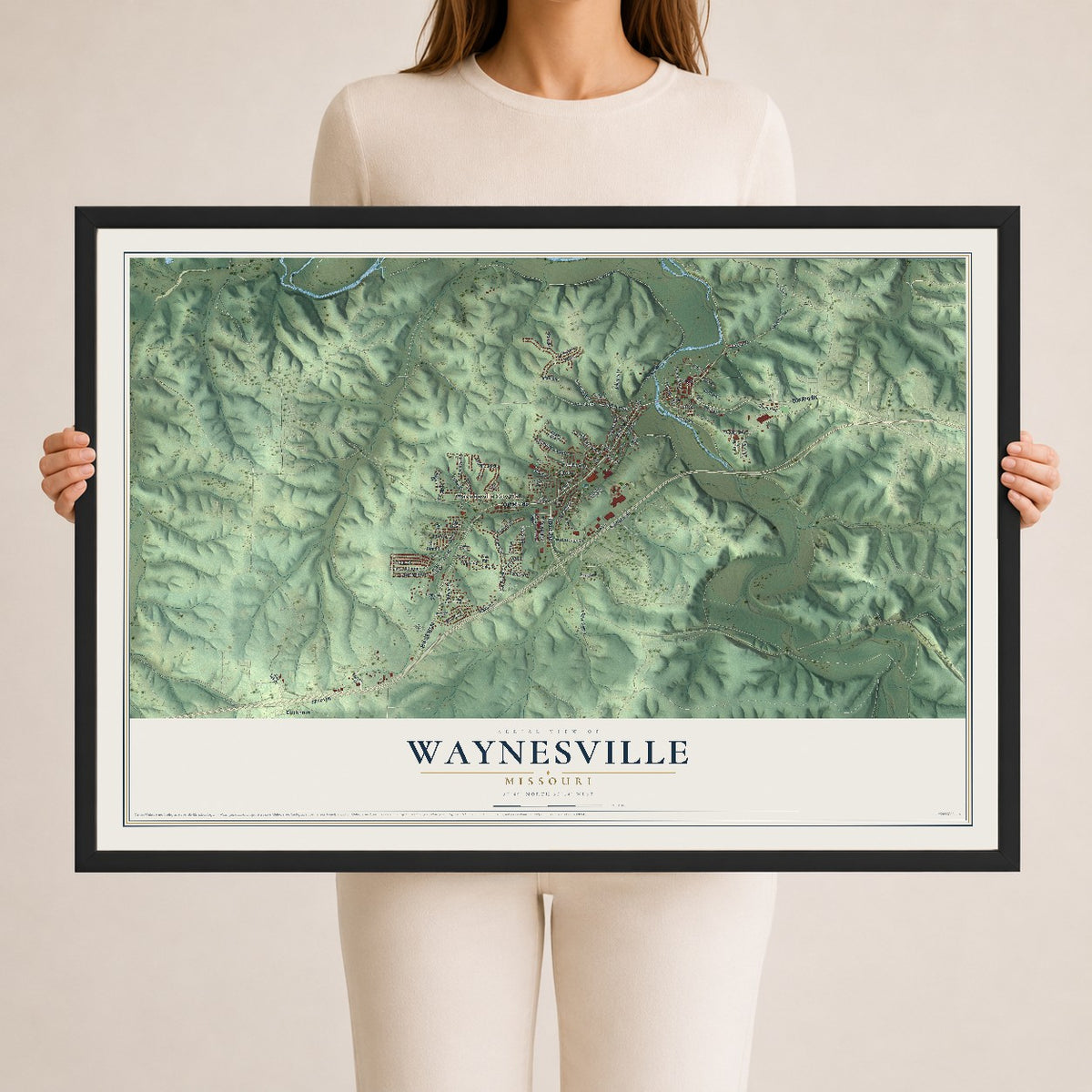 Map of Waynesville, Missouri, 24 x 36 inch print in a black wood frame