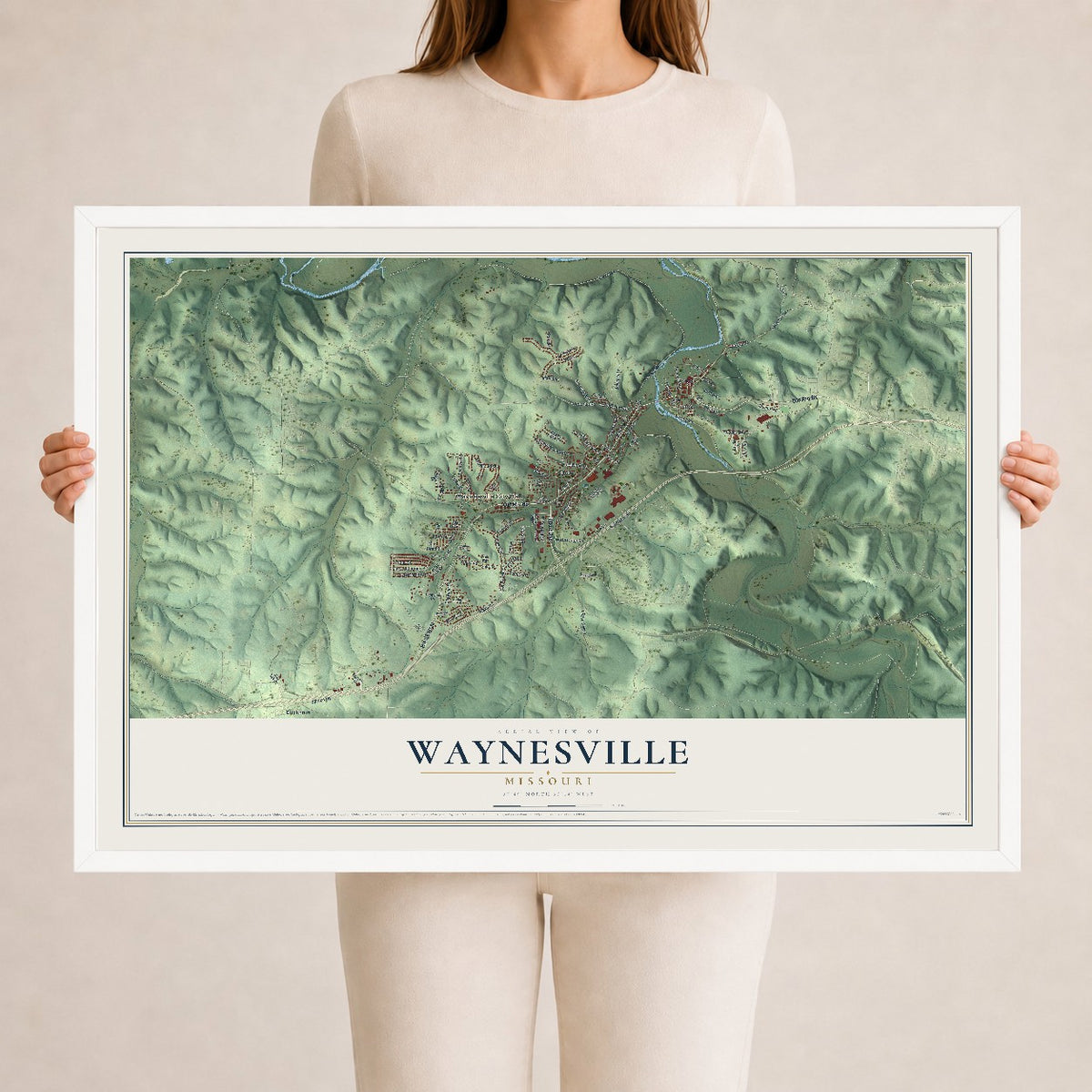 Map of Waynesville, Missouri, 24 x 36 inch print in a white wood frame