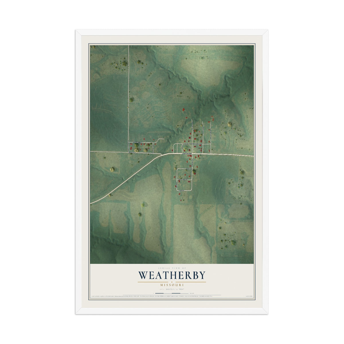 Map of Weatherby, Missouri, 12 x 18 inch print in a white wood frame