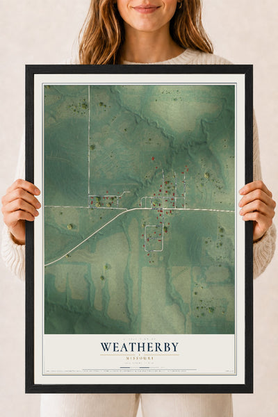 Map of Weatherby, Missouri, 18 x 24 inch print in a black wood frame