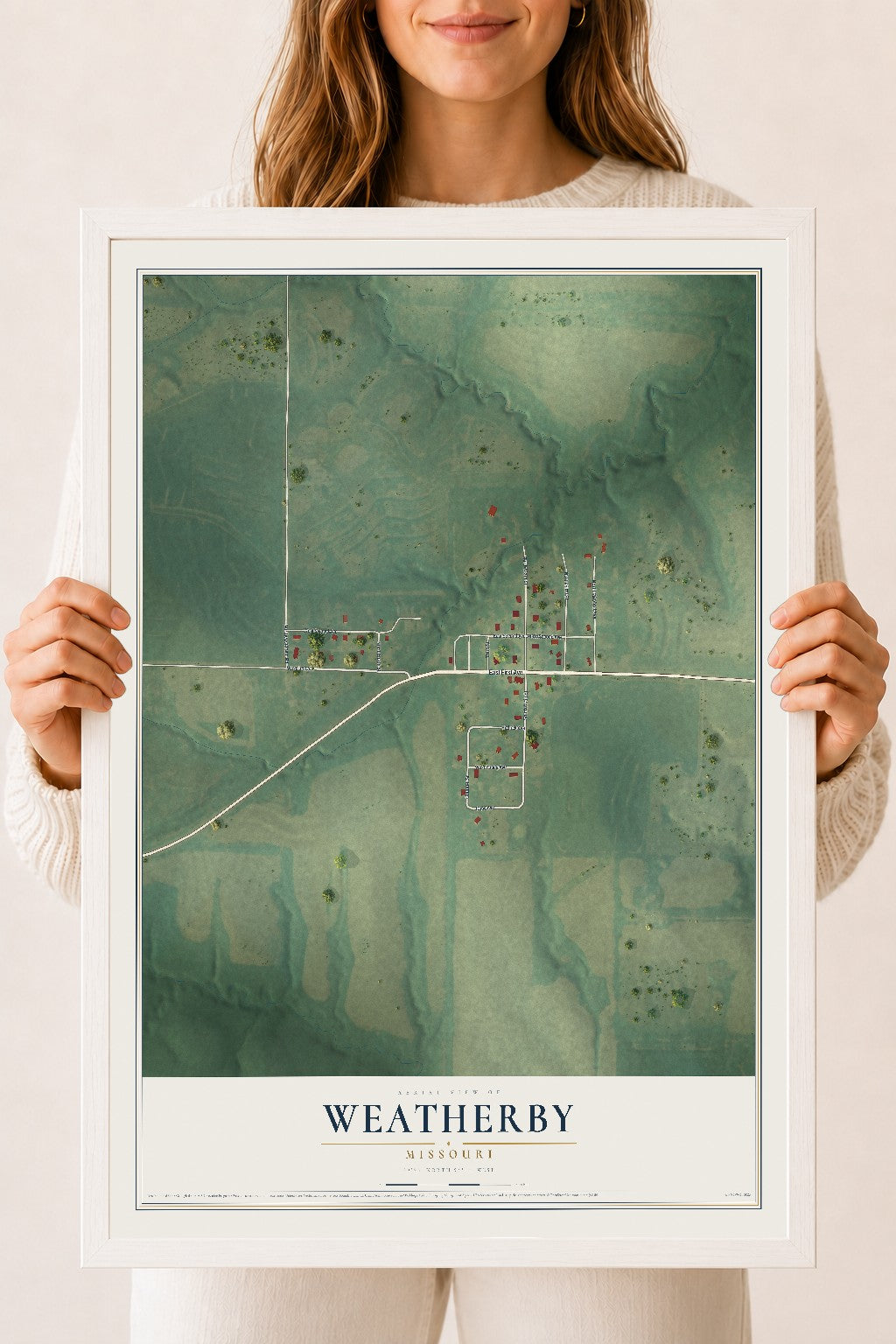 Map of Weatherby, Missouri, 18 x 24 inch print in a white wood frame